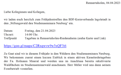 BDF-Kreisgruppe Ingolstadt – Einladung zur Exkursion am 21. April 2023